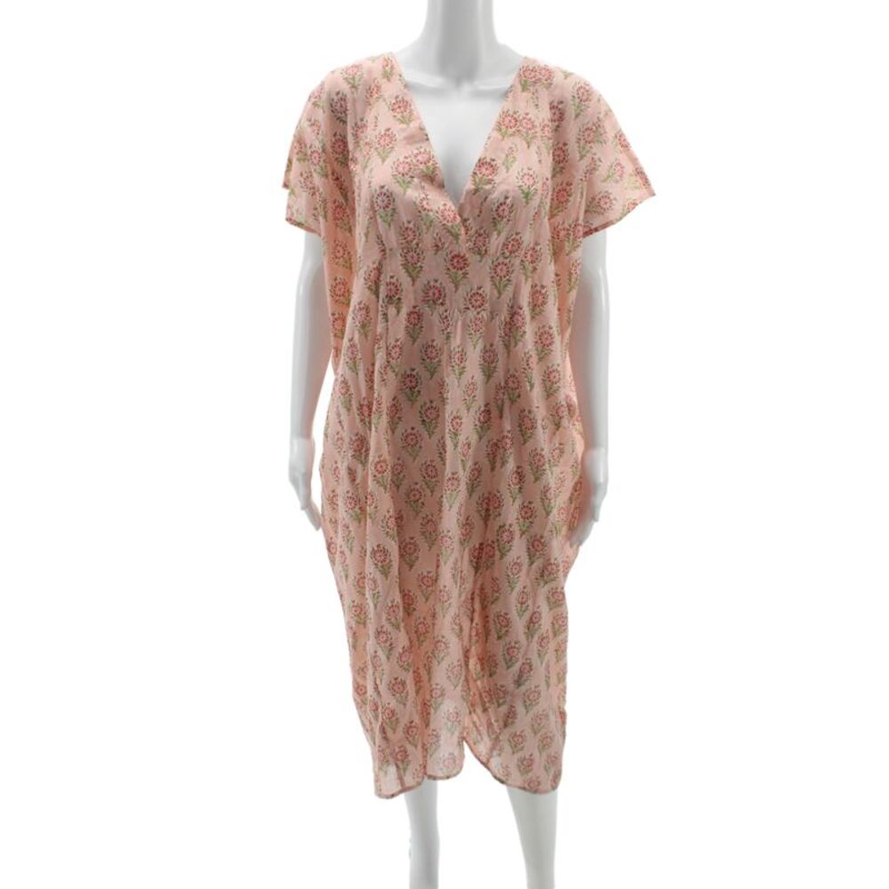 India Collection Women Pink Floral Kaftan Dress V-Neck Knee Size One Size